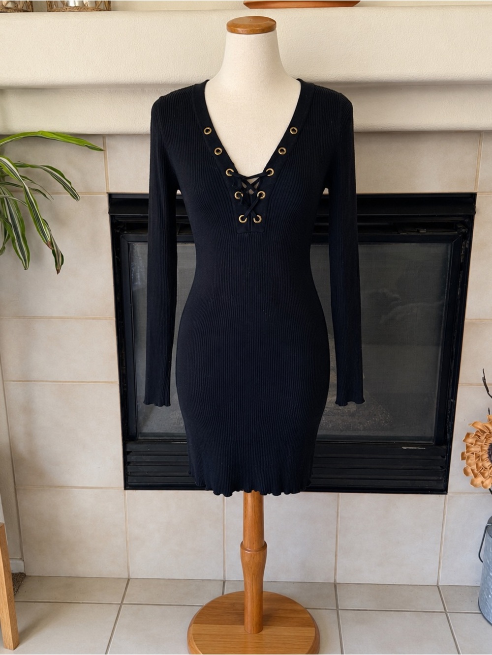 Derek Heart Black Ribbed Lace-Up V-Neck Mini Dress